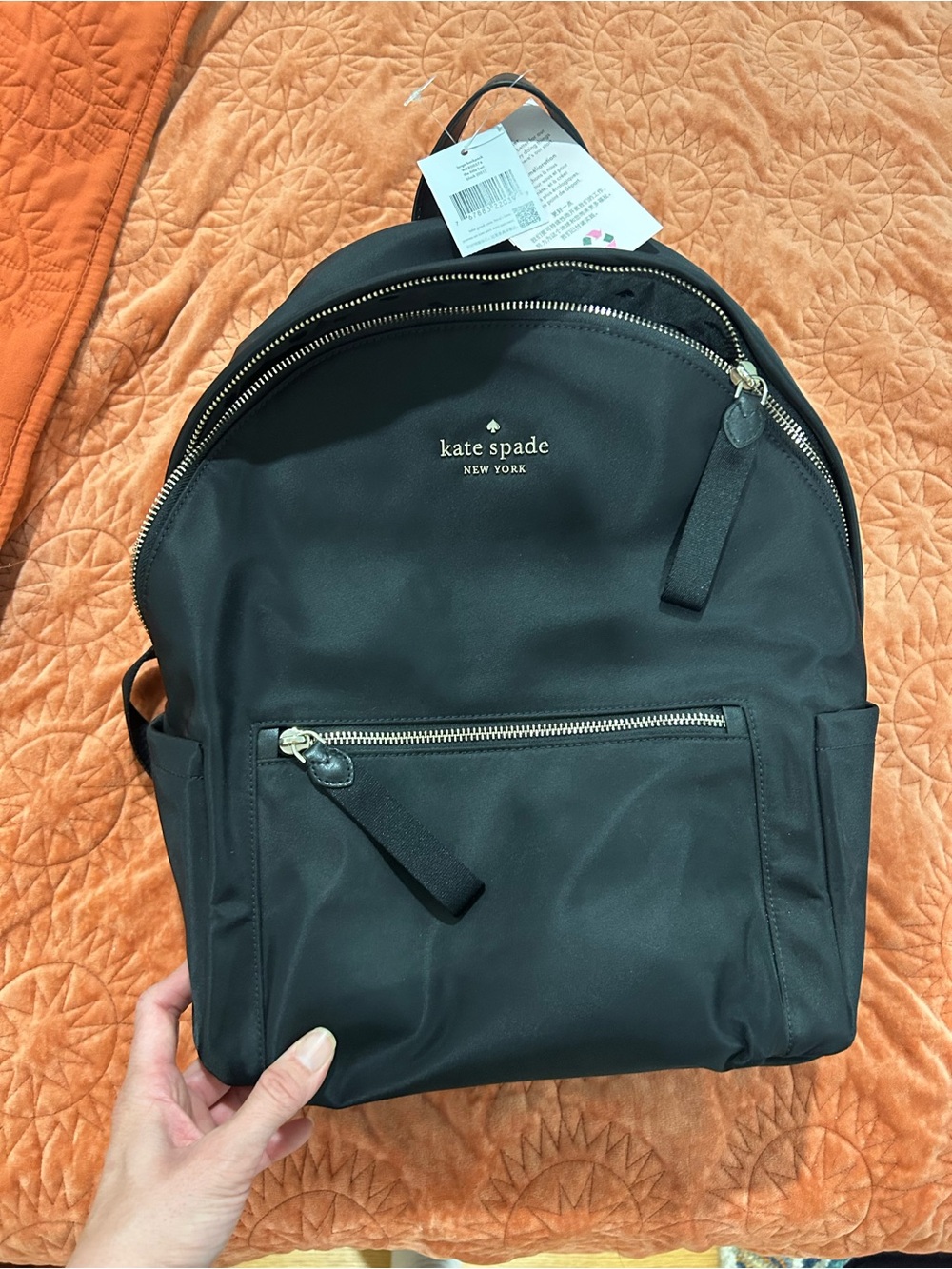 kate spade black nylon backpack with front zip pocket